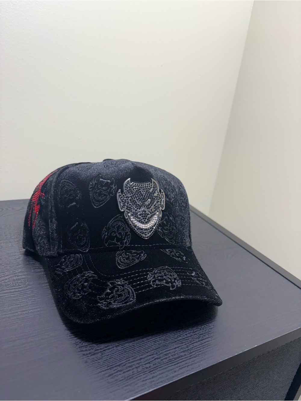 Black Embellished Devil Logo Baseball Cap